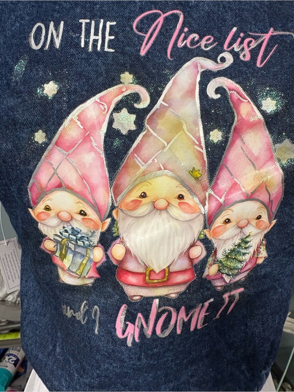 Kids Pink Gnome Denim Jacket - 'On The Nice List' Graphic